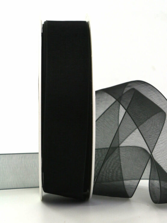 Organzaband mit Webkante, schwarz, 25 mm breit, 50 m Rolle - geschenkband-fuer-anlaesse, anlasse, trauerband, geschenkband