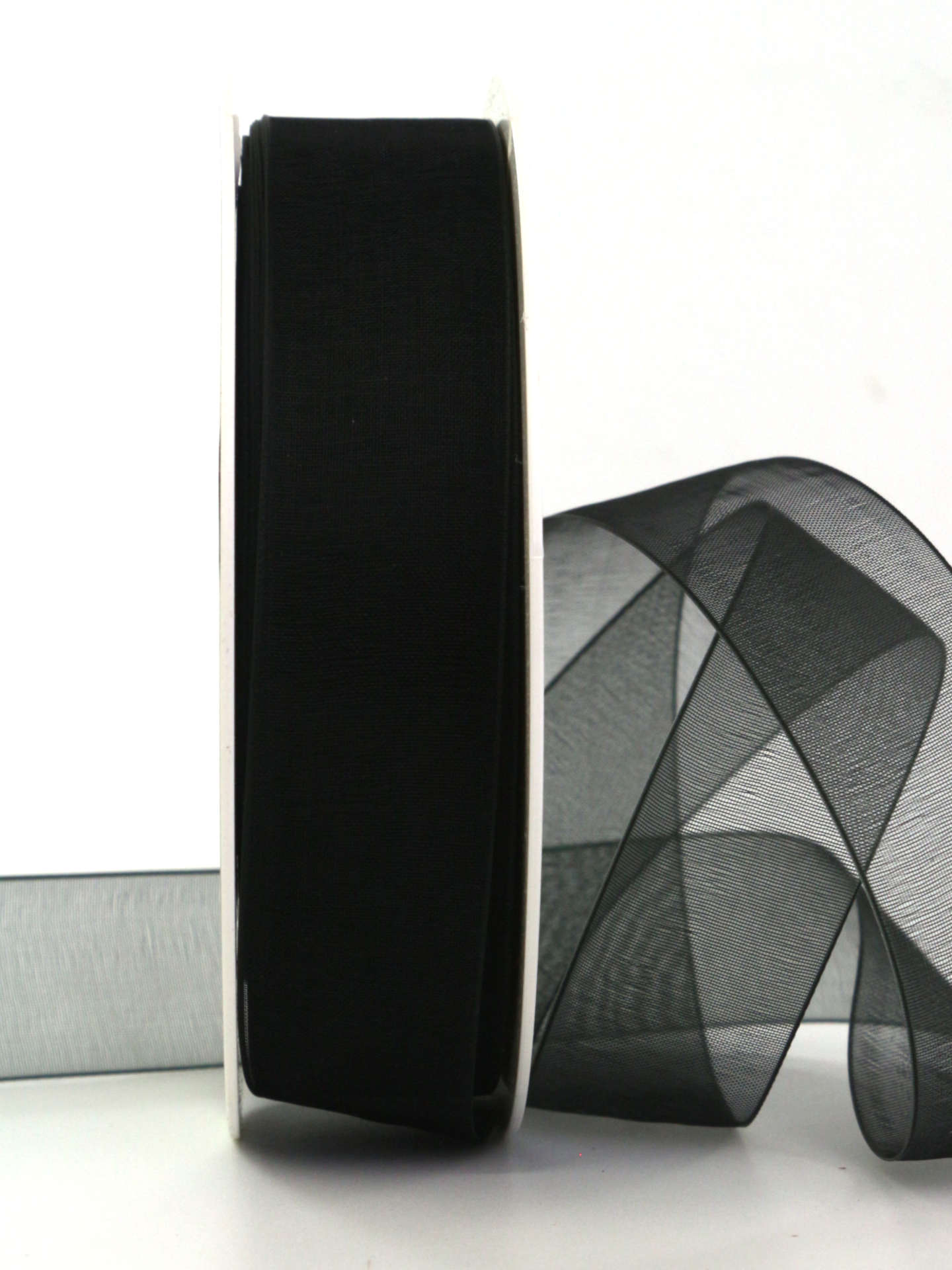 Organzaband mit Webkante, schwarz, 25 mm breit, 50 m Rolle - geschenkband, geschenkband-fuer-anlaesse, anlasse, trauerband
