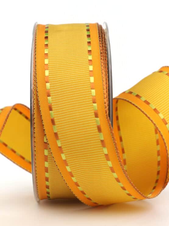 Geschenkband Kästchen, gelb-orange, 40 mm breit - geschenkband, geschenkband-gemustert