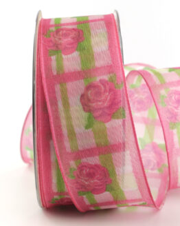 Geschenkband Frühlingsblüten, pink, 40 mm breit - geschenkband, geschenkband-gemustert