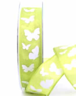 Dekoband Schmetterlinge, maigrün, 25 mm breit - geschenkband, geschenkband-gemustert