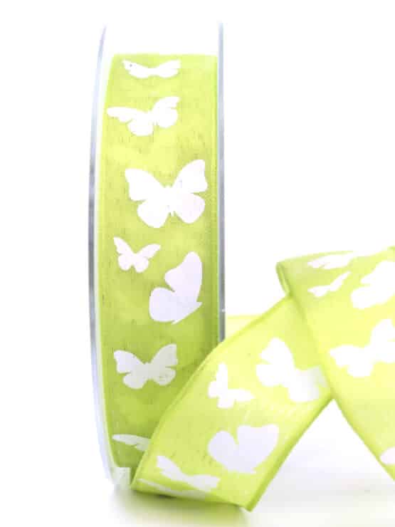 Dekoband Schmetterlinge, maigrün, 25 mm breit - geschenkband, geschenkband-gemustert