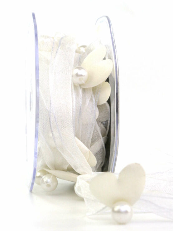 Hochzeitsgirlande mit Herzen + Perlen, weiß, 25 mm breit, 5 m Rolle - hochzeit, geschenkband, geschenkband-fuer-anlaesse, hochzeitsdeko, anlasse