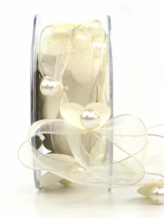 Hochzeitsgirlande mit Herzen + Perlen, creme, 25 mm breit, 5 m Rolle - anlasse, hochzeit, geschenkband, geschenkband-fuer-anlaesse, hochzeitsdeko
