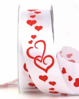 Satinband „Herzflimmern“, weiß, 40 mm breit, 20 m Rolle