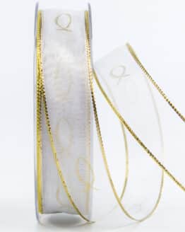 Chiffonband Fische für Kommunion/Konfirmation, gold, 25 mm breit - geschenkband-fuer-anlaesse, kommunion-konfirmation, anlasse