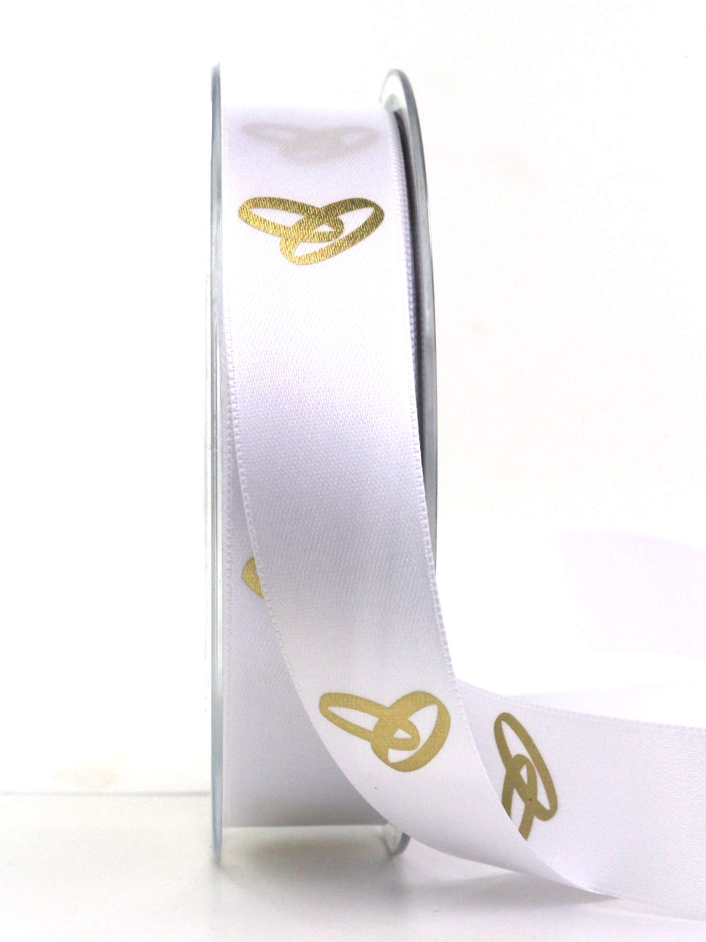 Feines Satinband mit goldenen Ringen, weiß, 25 mm breit, 20 m Rolle - hochzeit, geschenkband, geschenkband-fuer-anlaesse, hochzeitsdeko, anlasse