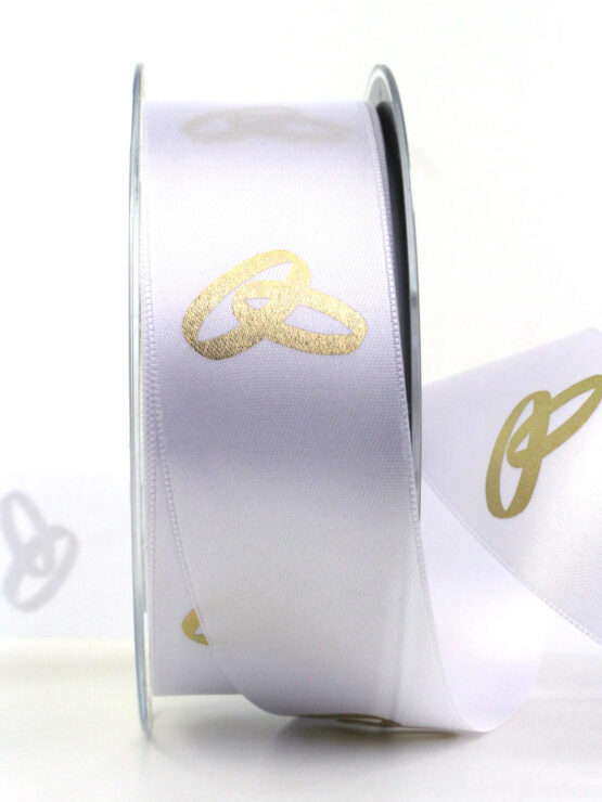 Feines Satinband mit goldenen Ringen, weiß, 40 mm breit, 20 m Rolle - hochzeit, geschenkband, geschenkband-fuer-anlaesse, hochzeitsdeko, anlasse