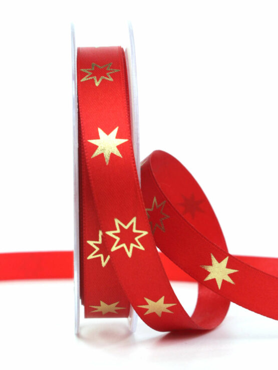 Satinband mit Sternen, rot, 15 mm breit - geschenkband-weihnachten-gemustert, geschenkband-weihnachten, weihnachtsbaender