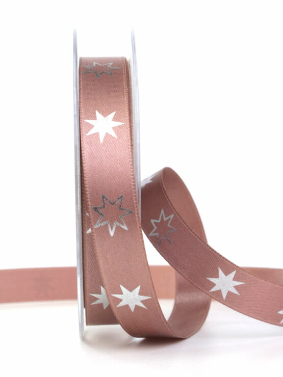 Satinband mit Sternen, braun, 15 mm breit - geschenkband-weihnachten-gemustert, geschenkband-weihnachten, weihnachtsbaender