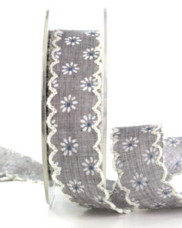 Stoffband mit Blümchen, grau, 25 mm breit - dekoband, geschenkband, geschenkband-gemustert