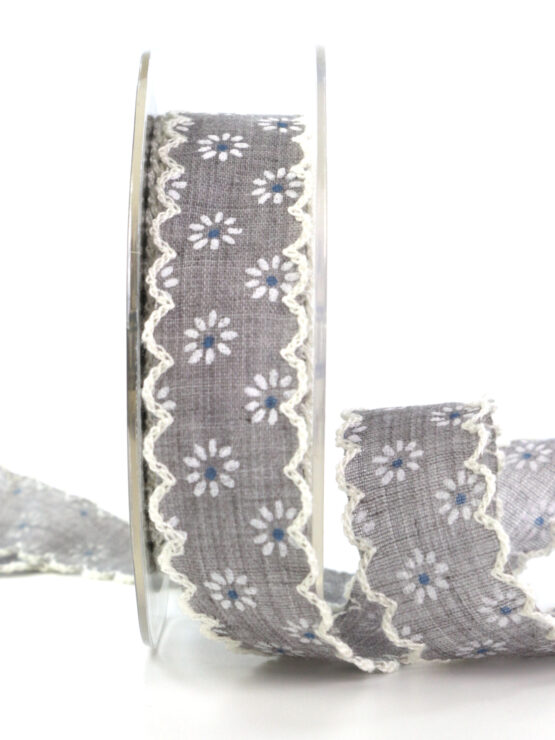 Stoffband mit Blümchen, grau, 25 mm breit - geschenkband, geschenkband-gemustert, dekoband