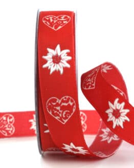Dekoband Edelweiß, rot, 25 mm breit - geschenkband, geschenkband-gemustert