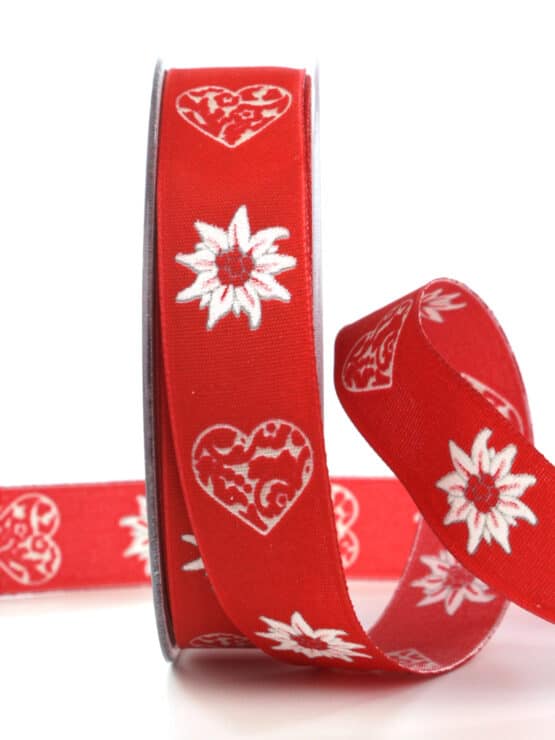Dekoband Edelweiß, rot, 25 mm breit - geschenkband, geschenkband-gemustert