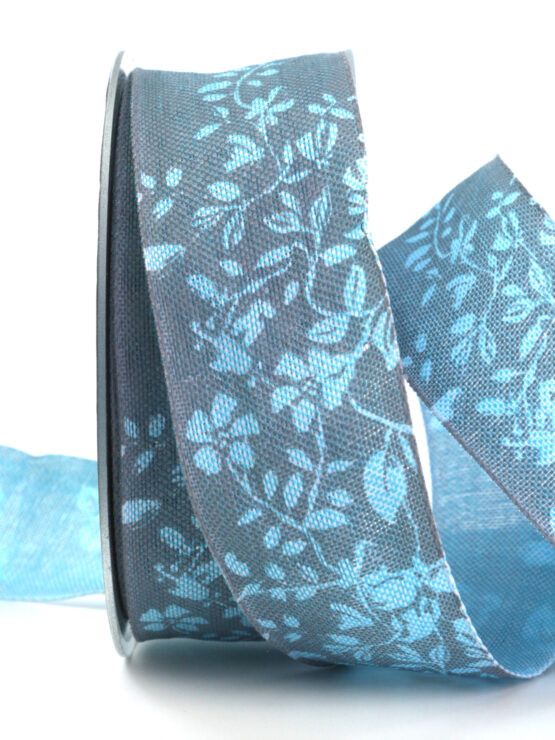 Rustikales Geschenkband mit Blütenornament, türkis, 40 mm breit - geschenkband, geschenkband-gemustert