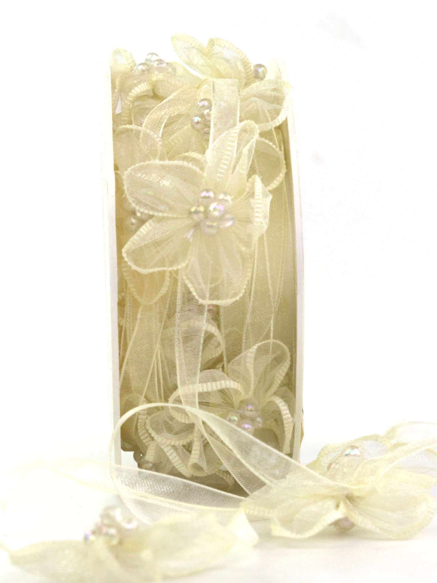 Blütengirlande mit Organza + Perlen, creme, 30 mm breit, 5 m Rolle - geschenkband-fuer-anlaesse, hochzeitsdeko, anlasse, hochzeit, geschenkband
