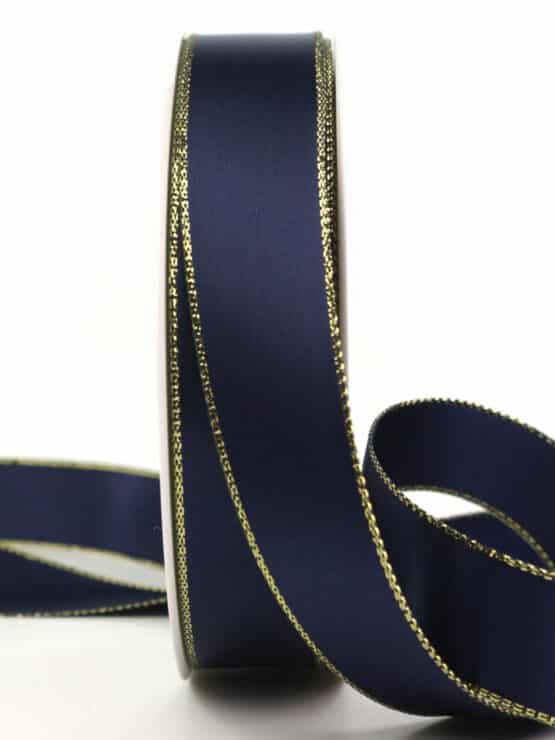 Satinband mit Goldkante, marineblau, 25 mm breit - geschenkband-weihnachten-einfarbig, geschenkband-weihnachten-dauersortiment, weihnachtsbaender, geschenkband-weihnachten, satinband-m-goldkante, satinband