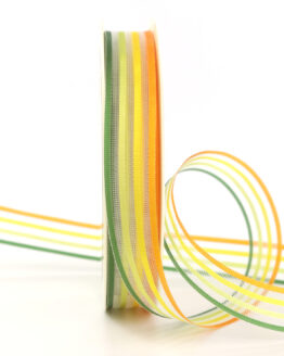 Geschenkband Bunte Streifen, orange/gelb/grün, 15 mm breit - geschenkband, geschenkband-gemustert