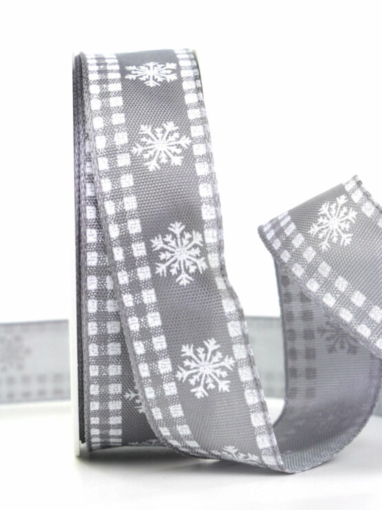 Landhaus-Weihnachtsband, grau, 25 mm breit - geschenkband-weihnachten-gemustert, geschenkband-weihnachten, weihnachtsbaender