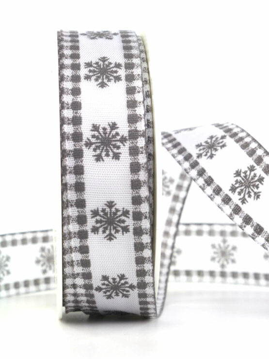 Landhaus-Weihnachtsband, weiß, 25 mm breit - weihnachtsbaender, geschenkband-weihnachten-gemustert, geschenkband-weihnachten