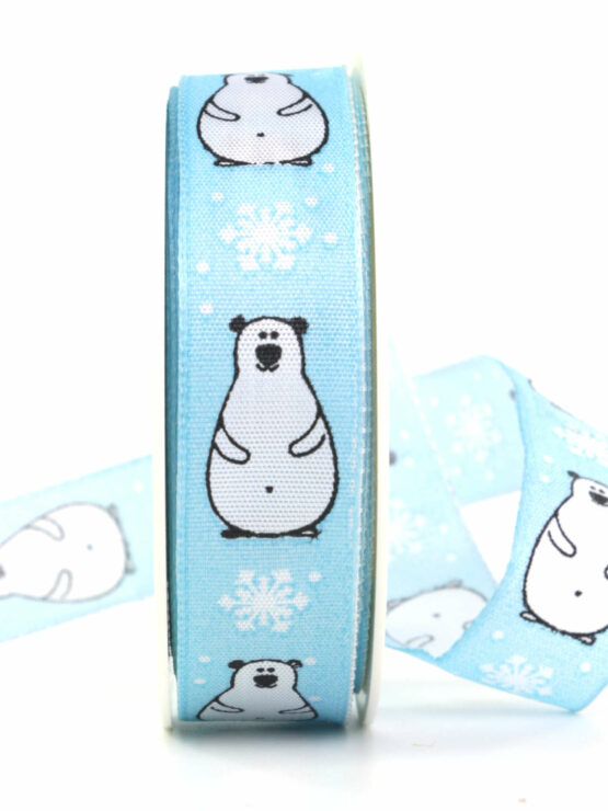 Eisbär Hugo, hellblau, 25 mm breit - weihnachtsbaender, geschenkband-weihnachten-gemustert, geschenkband-weihnachten