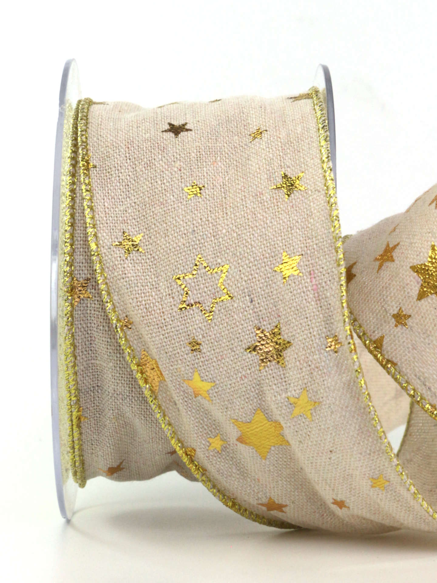 Juteband mit Sternen, gold, 65 mm breit, 10 m Rolle - geschenkband-weihnachten, weihnachtsbaender