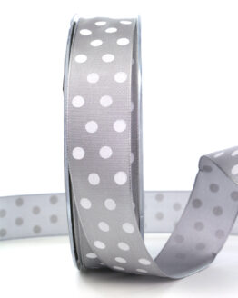 Taftband mit weißen Punkten, grau, 25 mm breit - geschenkband, geschenkband-gemustert, geschenkband-mit-punkten