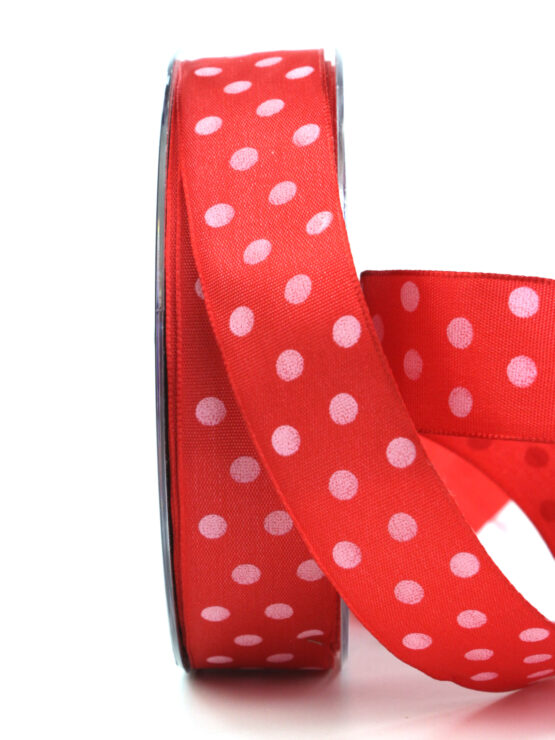Taftband mit weißen Punkten, rot, 25 mm breit - geschenkband, geschenkband-gemustert, geschenkband-mit-punkten