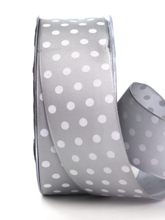 Taftband mit weißen Punkten, grau, 40 mm breit - geschenkband-gemustert, geschenkband-mit-punkten, geschenkband
