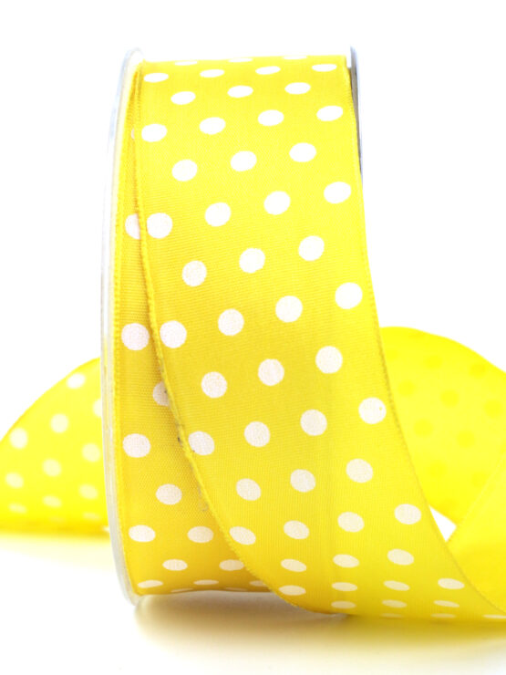 Taftband mit weißen Punkten, gelb, 40 mm breit - geschenkband, geschenkband-gemustert, geschenkband-mit-punkten