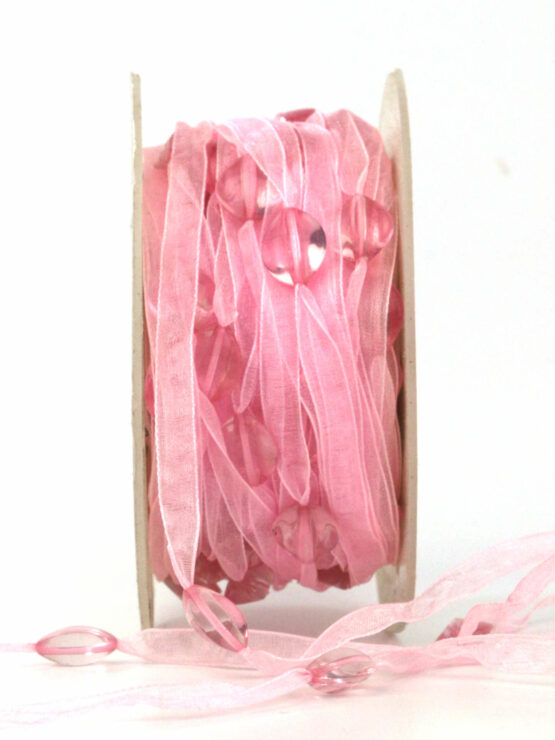 Organzaband mit Perlen, rosa, 8 mm breit, 20 m Rolle - dekogirlande