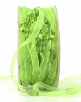 Organzaband mit Perlen, grasgrün, 8 mm breit, 20 m Rolle