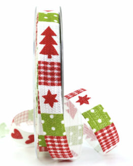Modernes Baumwollband m. Stern und Tannenbaum, rot, 15 mm breit - weihnachtsbaender, geschenkband-weihnachten-gemustert, geschenkband-weihnachten