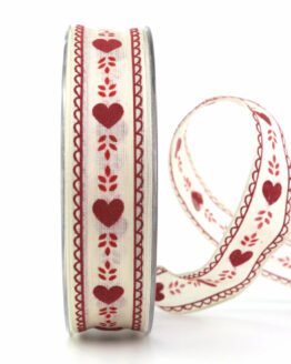 Geschenkband Landhausstil mit Herz, rot, 25 mm breit - geschenkband, geschenkband-mit-herzen, geschenkband-fuer-anlaesse, anlasse, valentinstag