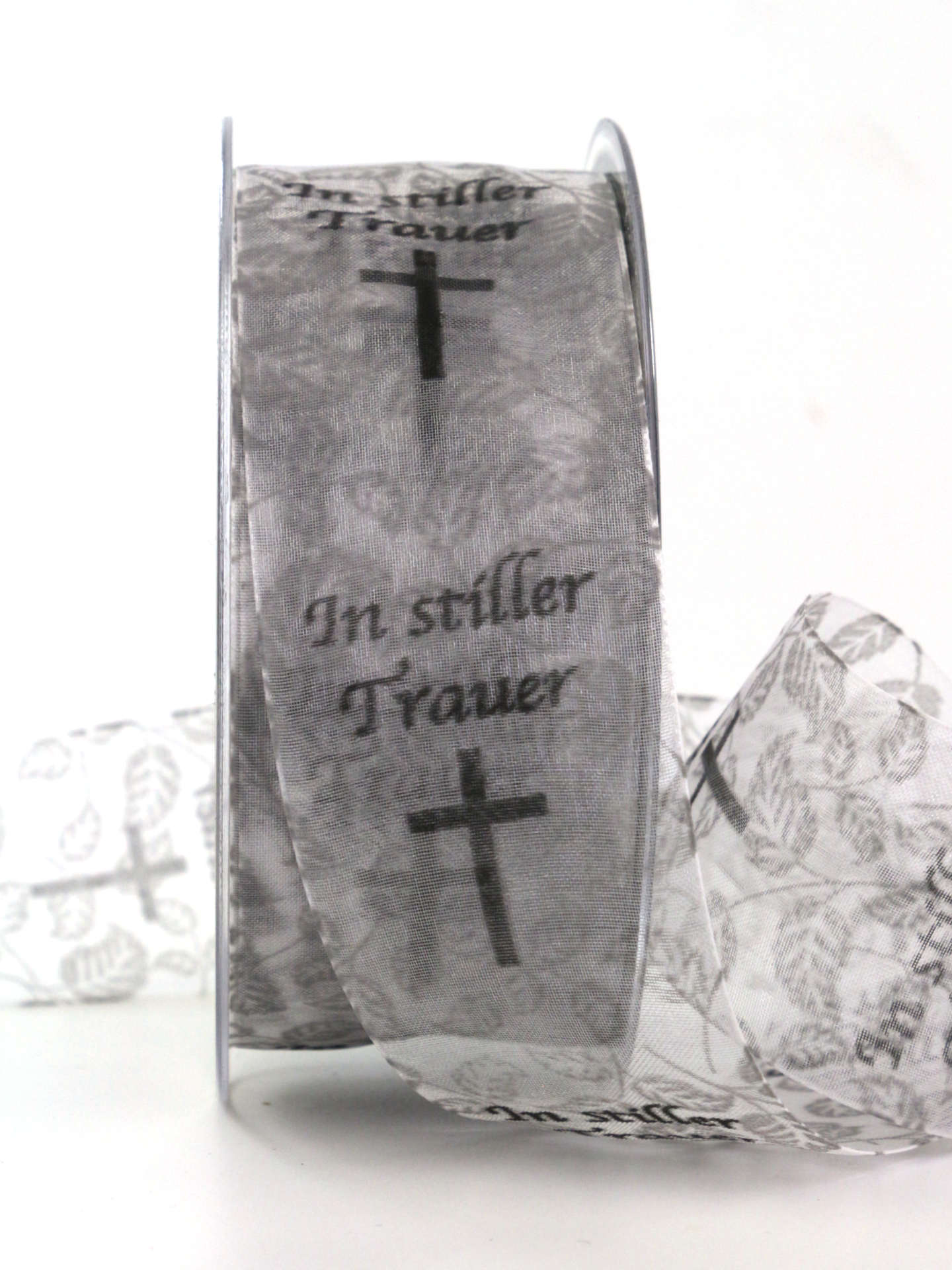 Trauerflor In stiller Trauer, grau, 40 mm breit, 20 m Rolle - geschenkband, geschenkband-fuer-anlaesse, anlasse, trauerband
