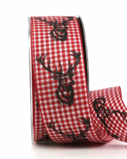 Karoband mit Hirschkopf, rot, 40 mm breit - karoband, geschenkband, geschenkband-kariert