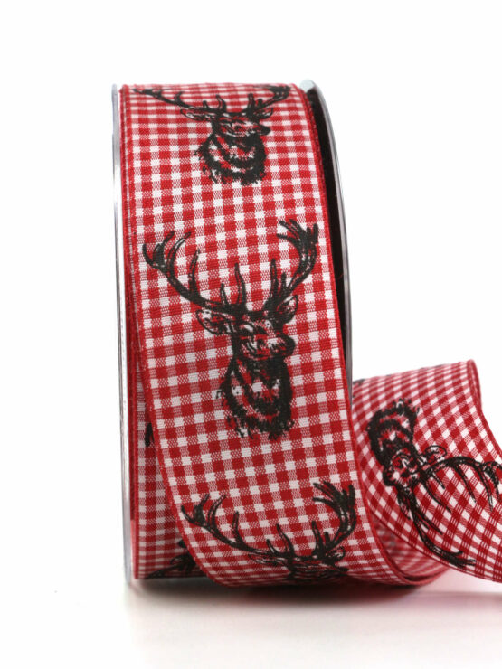 Karoband mit Hirschkopf, rot, 40 mm breit - geschenkband, geschenkband-kariert, karoband