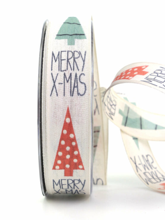 Weihnachtsband „Merry X-Mas“, weiß, 25 mm breit - geschenkband-weihnachten-gemustert, geschenkband-weihnachten, weihnachtsbaender