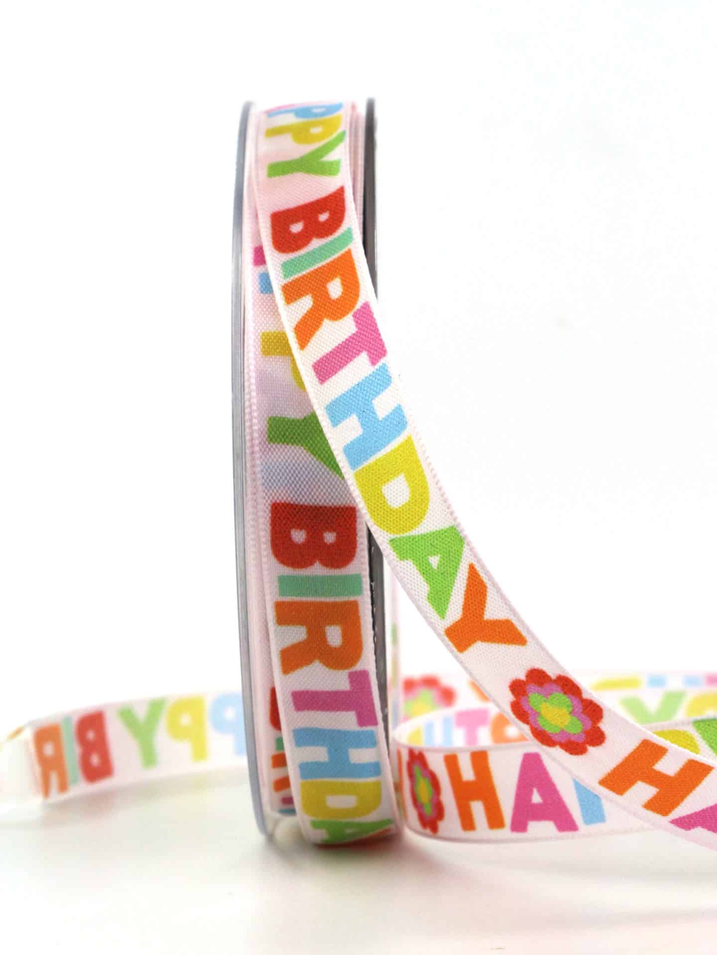 Geschenkband Happy Birthday, bunt, 15 mm breit, 20 m Rolle - geburtstag, anlasse, dekoband, geschenkband, geschenkband-fuer-anlaesse, party