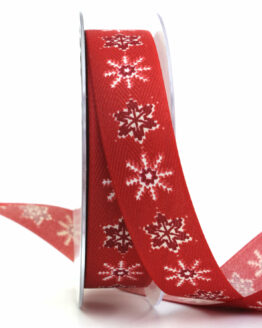 Baumwollband mit Eiskristallen, rot, 25 mm breit - geschenkband-weihnachten-gemustert, geschenkband-weihnachten, weihnachtsbaender