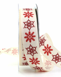Baumwollband mit Eiskristallen, creme, 25 mm breit - geschenkband-weihnachten-gemustert, geschenkband-weihnachten, weihnachtsbaender