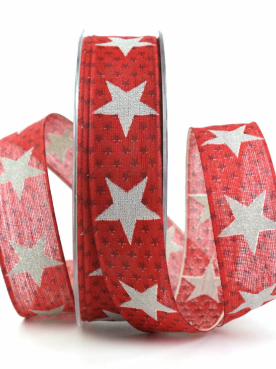 Weihnachtsband mit Sternen, rot, 25 mm breit - weihnachtsbaender, geschenkband-weihnachten-gemustert, geschenkband-weihnachten