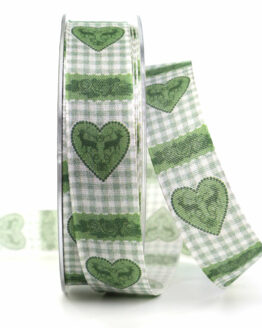 Geschenkband Landhausstil mit Herz, grün, 25 mm breit - anlasse, valentinstag, geschenkband, geschenkband-mit-herzen, geschenkband-fuer-anlaesse