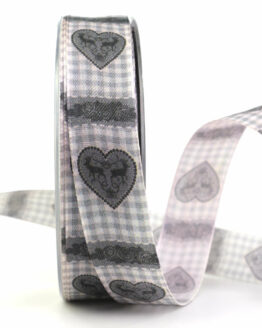 Geschenkband Landhausstil mit Herz, grau, 25 mm breit - anlasse, valentinstag, geschenkband, geschenkband-mit-herzen, geschenkband-fuer-anlaesse