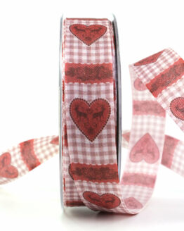 Geschenkband Landhausstil mit Herz, rot, 25 mm breit - valentinstag, geschenkband, geschenkband-mit-herzen, geschenkband-fuer-anlaesse, anlasse