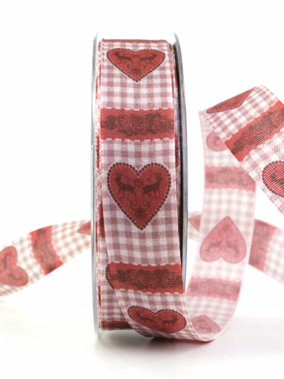 Geschenkband Landhausstil mit Herz, rot, 25 mm breit - geschenkband-mit-herzen, geschenkband-fuer-anlaesse, anlasse, valentinstag, geschenkband