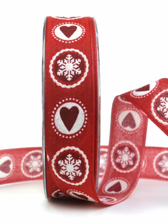 Weihnachtsband mit Herzen + Schneeflocken, rot, 25 mm breit - geschenkband-weihnachten-gemustert, geschenkband-weihnachten, weihnachtsbaender