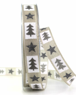Taftband m. Sternen und Tannenbäumen, braun, 15 mm breit - weihnachtsbaender, geschenkband-weihnachten-gemustert, geschenkband-weihnachten