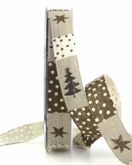 Leinenband m. Sternen und Tannenbäumen, braun, 15 mm breit - geschenkband-weihnachten-gemustert, geschenkband-weihnachten, weihnachtsbaender