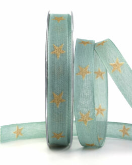 Taftband mit glitzernden Gold-Sternen, grün, 15 mm breit - weihnachtsbaender, geschenkband-weihnachten-gemustert, geschenkband-weihnachten